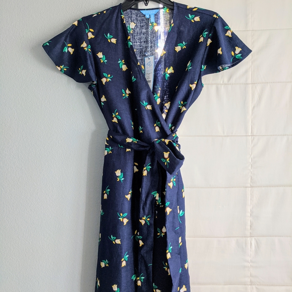 Draper James Navy Blue Dark Floral Linen Wrap Dress NWT 6 - Picture 8 of 11